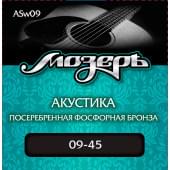 ASw09 Комплект струн для акустической гитары, посеребр. фосф. бронза, 9-45, оплетка 3-й стр, Мозеръ