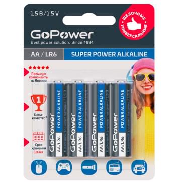 00-00015601 Super Power Alkaline Элемент питания AA/LR6 щелочной 1.5В, 4шт, GoPower-0